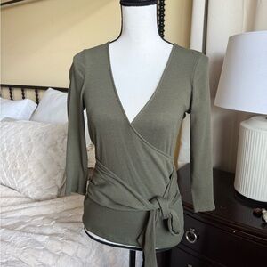 Express Olive Ribbed Wrap Blouse